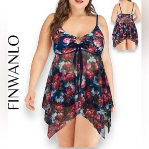 327. FINWANLO Women's Floral Tankini Swimsuit Top Mesh XL Removable Pads Red Bl